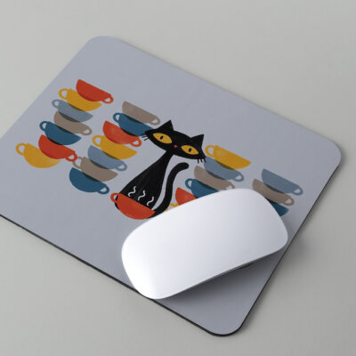 L - Coffee Cat Pattern Grey Background Gaming Mousepad
